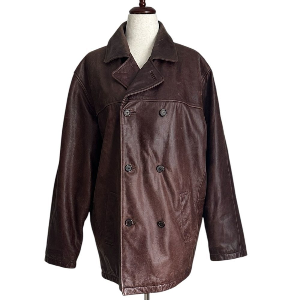 VTG Philip Max Brown Leather Double-Breasted Peacoat Jacket Size L 80s 90s Mens